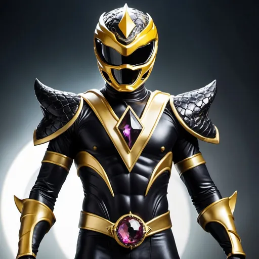 Prompt: Evil black and gold power ranger with snake helmet with crystal eclipse in the middle of the chest 