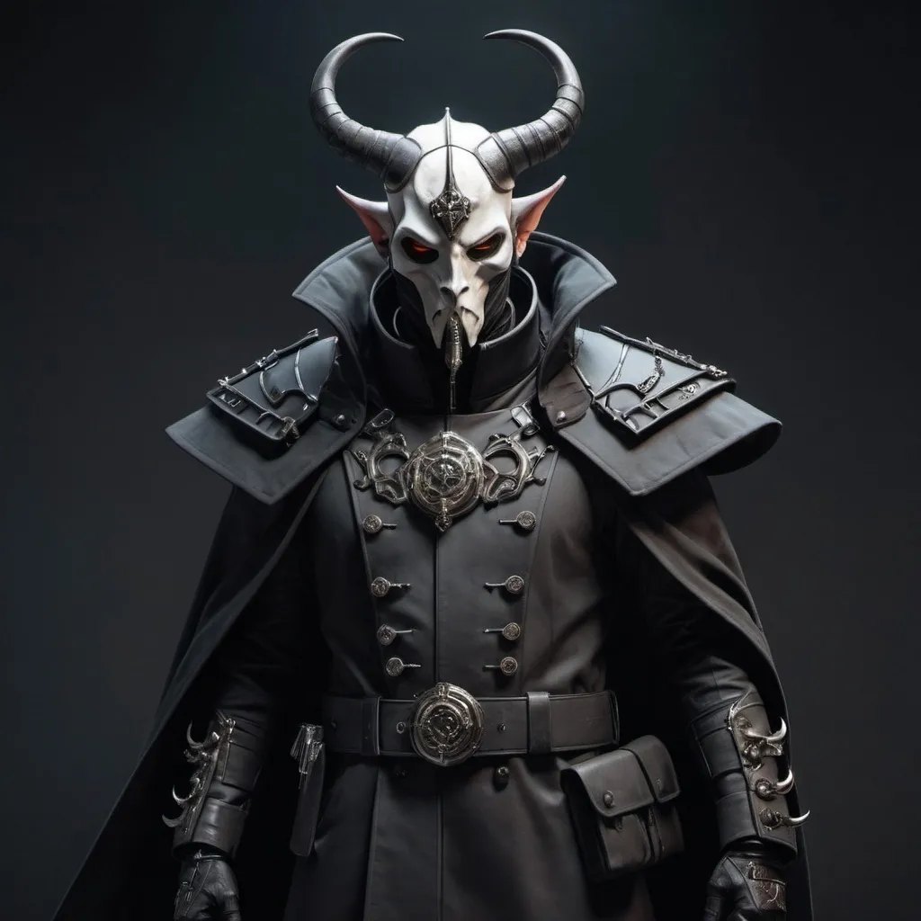 Prompt: Sci-fi soldier with horns and gothic design that has a shoulder cape and trench coat wearing an facemask 