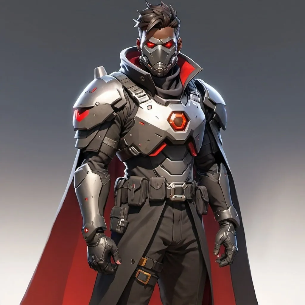 Prompt: Male overwatch soldier with Knight helmet in black and has a trench coat with a cape on the left shoulder and red eyes 