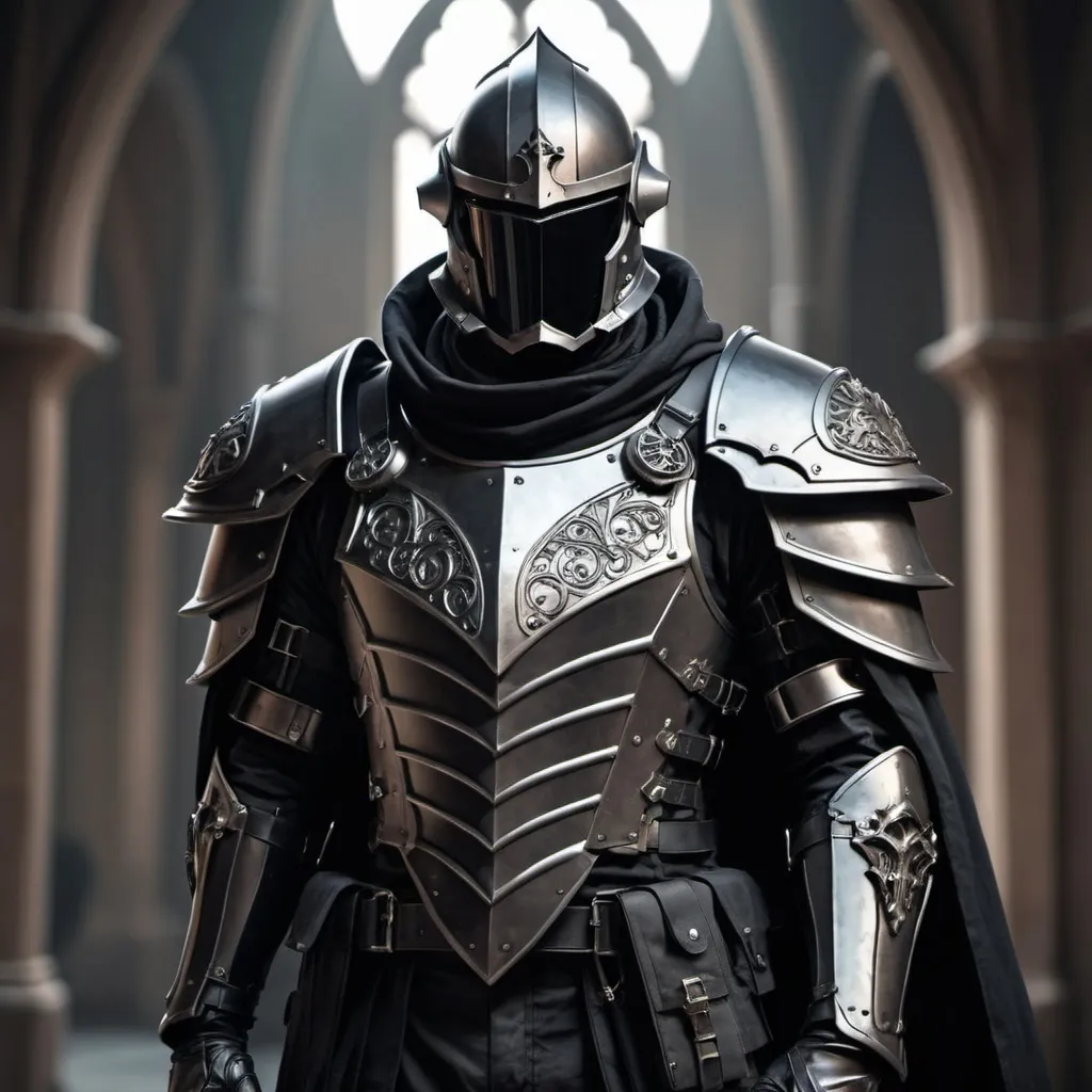 Prompt: Sci-fi soldier with gothic design that has a shoulder cape and Knight helmet 