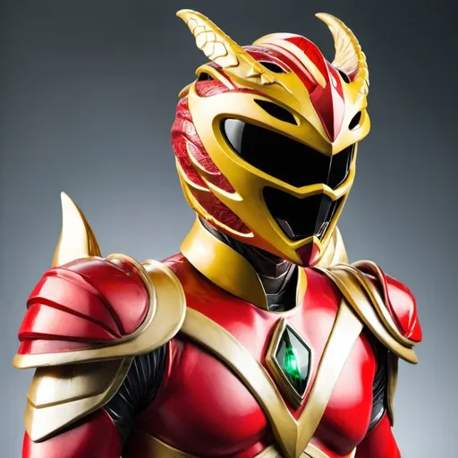 Prompt: Power ranger with dragon helmet with red and gold color 