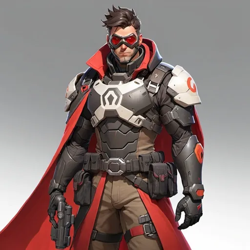 Prompt: Male overwatch soldier with Knight helmet in black and has a trench coat with a cape on the left shoulder in red