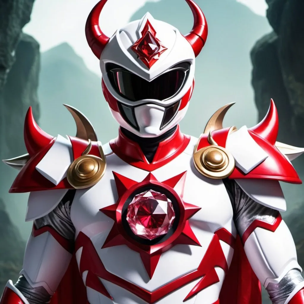 Prompt: White and red power ranger Knight with a crystal rose in the middle of the chest with horns 