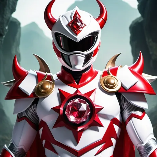Prompt: White and red power ranger Knight with a crystal rose in the middle of the chest with horns 