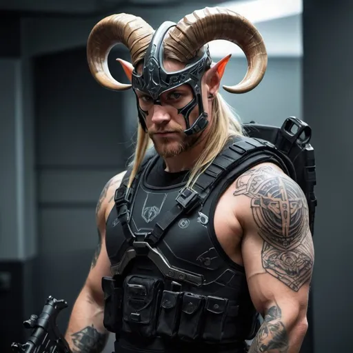 Prompt: Sci-fi special ops with horns and norse tattoos 