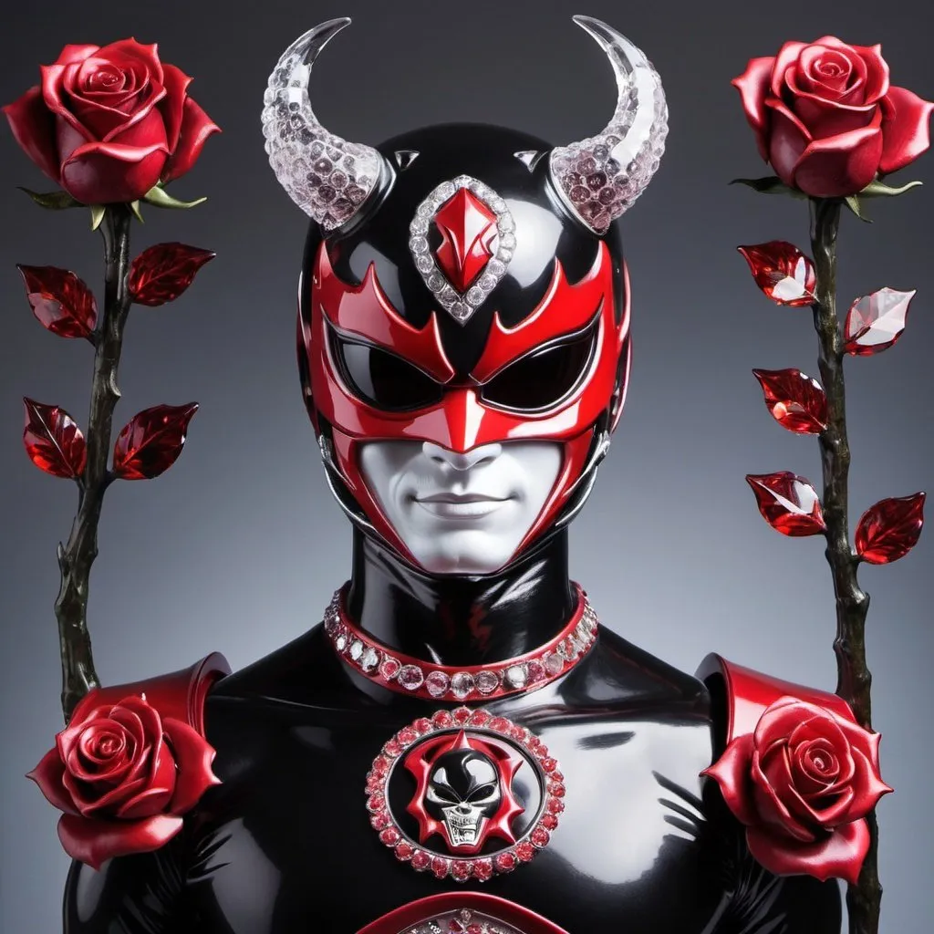 Prompt: Devil power ranger in black and red with crystal roses 