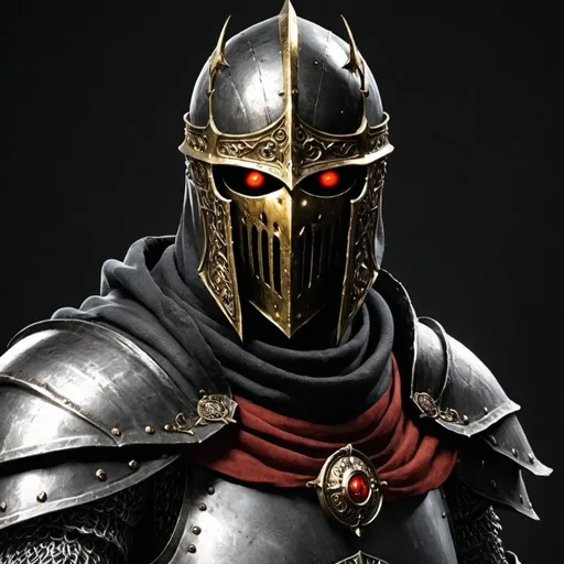 Prompt: Dark souls Knight with one gold eye and one red eye with shoulder cape 