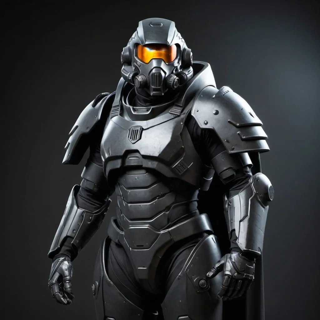 Prompt: Sci-fi soldier in power armor with a shoulder cape in black 