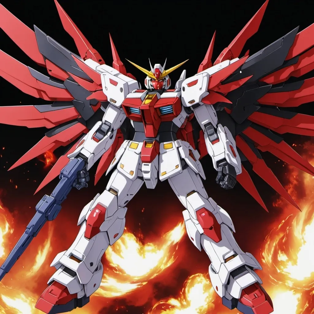 Prompt: Devil gundam mech with wings of red and black energy blazing like the sun