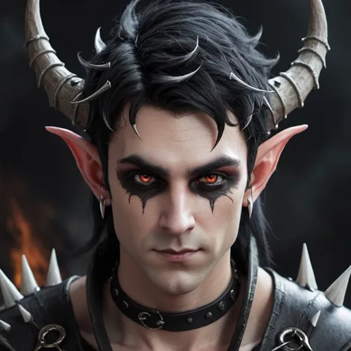 Prompt: Male elf with demon horns and pitch black eyes and spiked hair 
