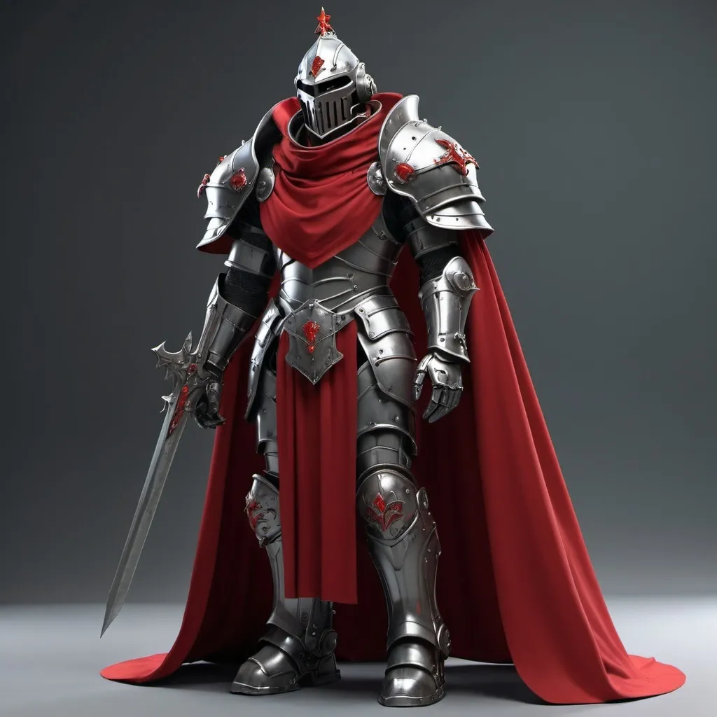 Prompt: Sci-fi male king with gothic power armor with a Scarlet shoulder cape and knight helmet 