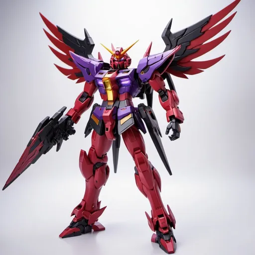 Prompt: Gundam devil with energy wings in red and purple and black with halo