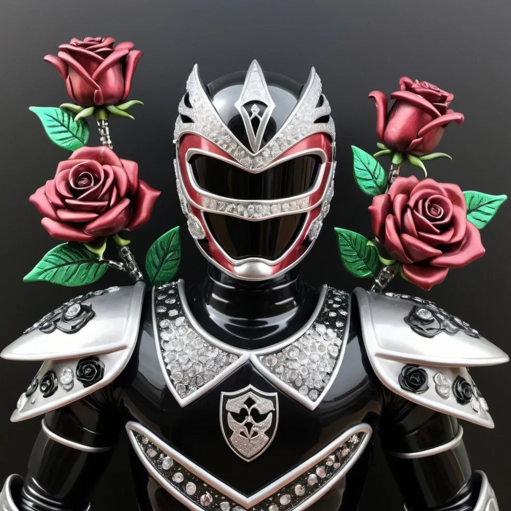 Prompt: Knight power ranger in black and silver with crystal roses 