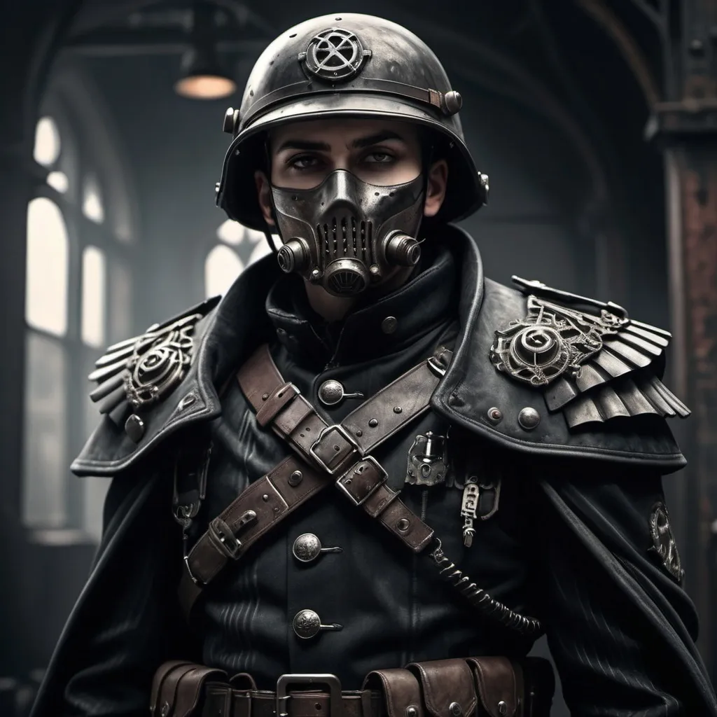 Prompt: Dieselpunk soldier with gothic design and shoulder cape 