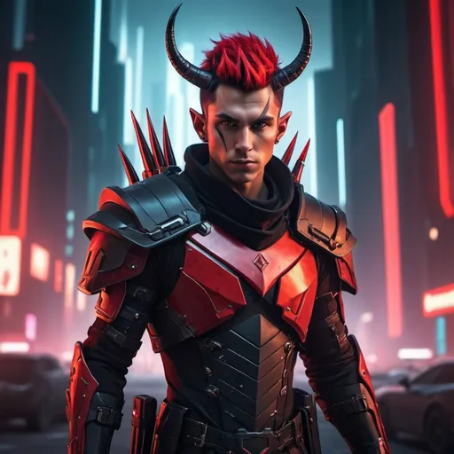 Prompt: Sci-fi male soldier protagonist with horns and shoulder cape with red and black hair that is spiked slightly with elf ears