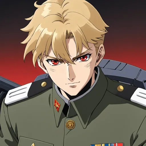 Prompt: Male anime with blonde hair in military uniform from gundam with red eyes
