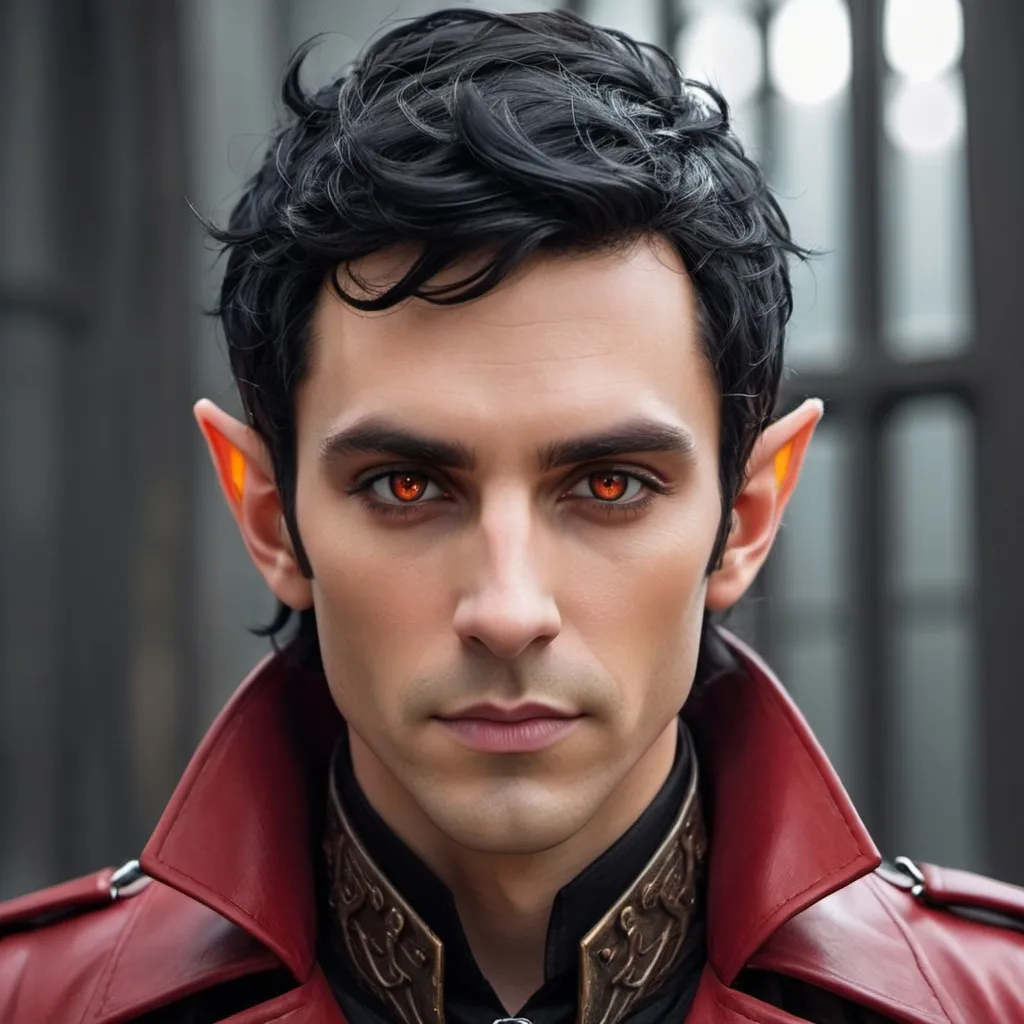 Prompt: Elf male with horns and black hair with red highlights, with a fine toned jawline and has a trench coat with a shoulder cape with gothic design that has fiery amber eyes 