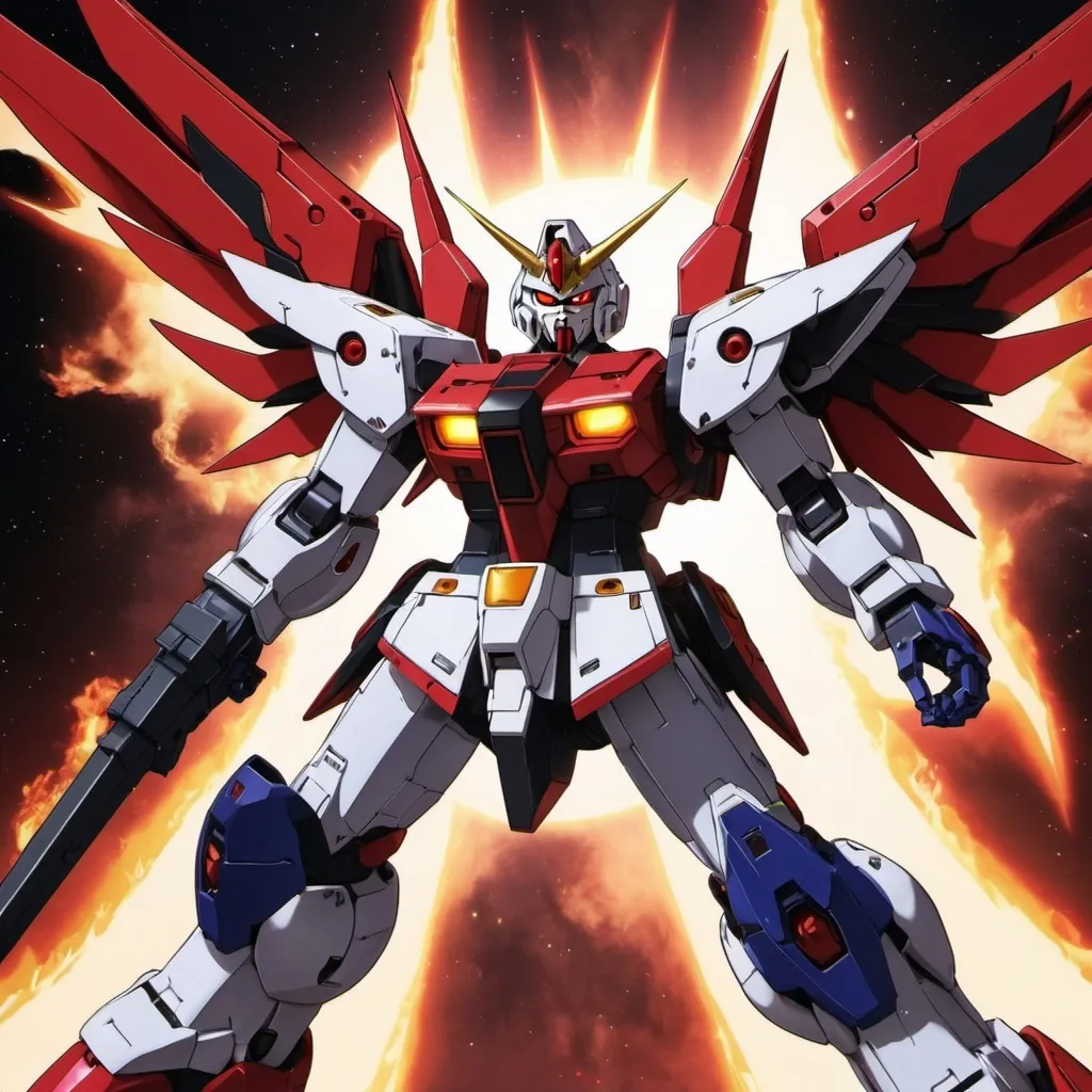 Prompt: Devil gundam mech with wings of red and black energy blazing like the sun