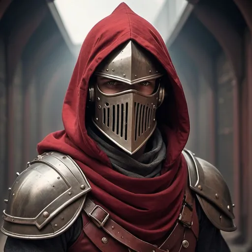 Prompt: Dieselpunk soldier with Knight Helmet and Crimson shoulder cape and hood