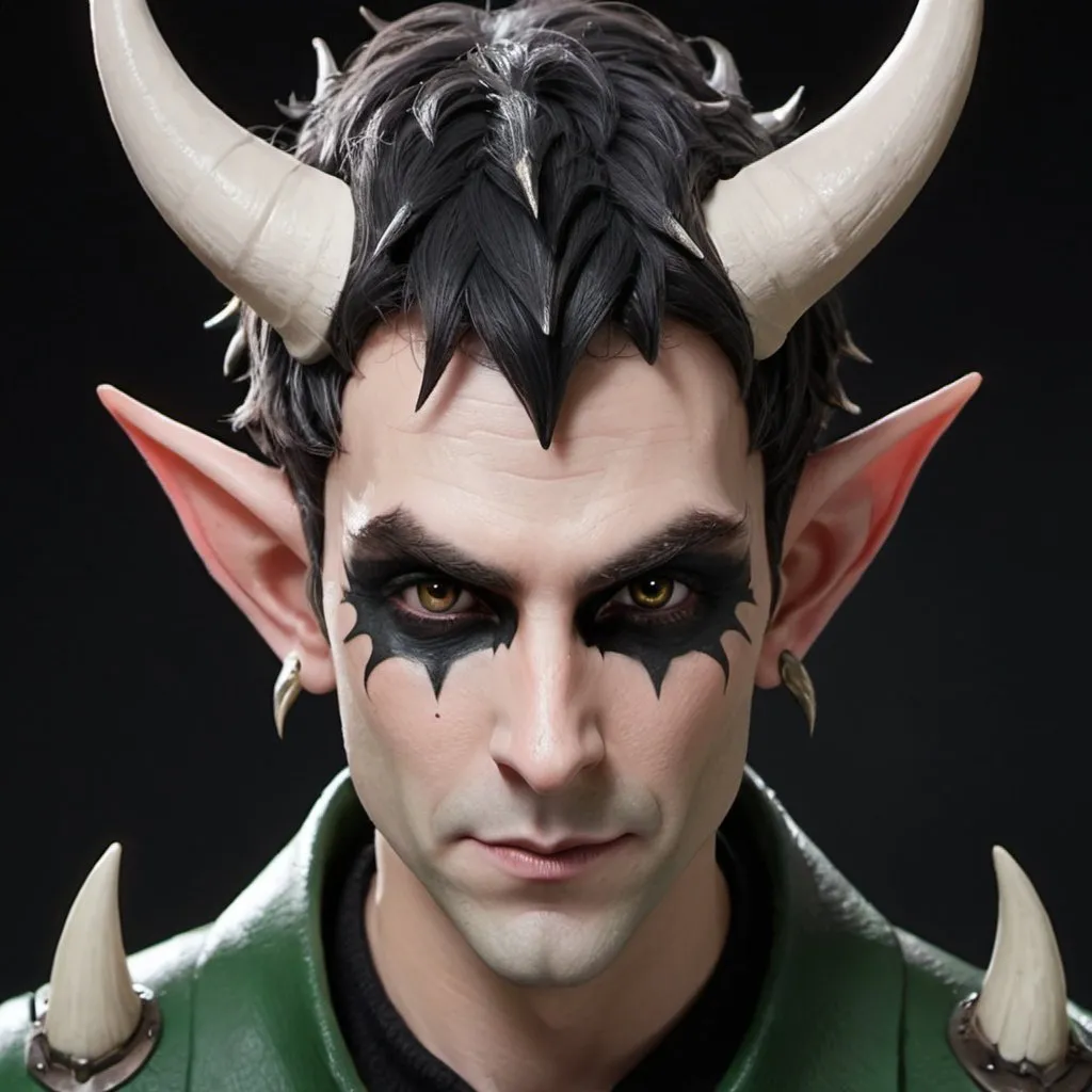 Prompt: Male elf with demon horns and pitch black eyes and spiked hair with face mask 