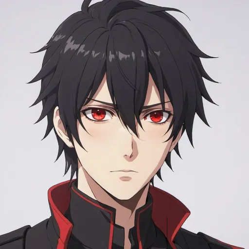 Prompt: Anime male protagonist with black hair and red eyes 