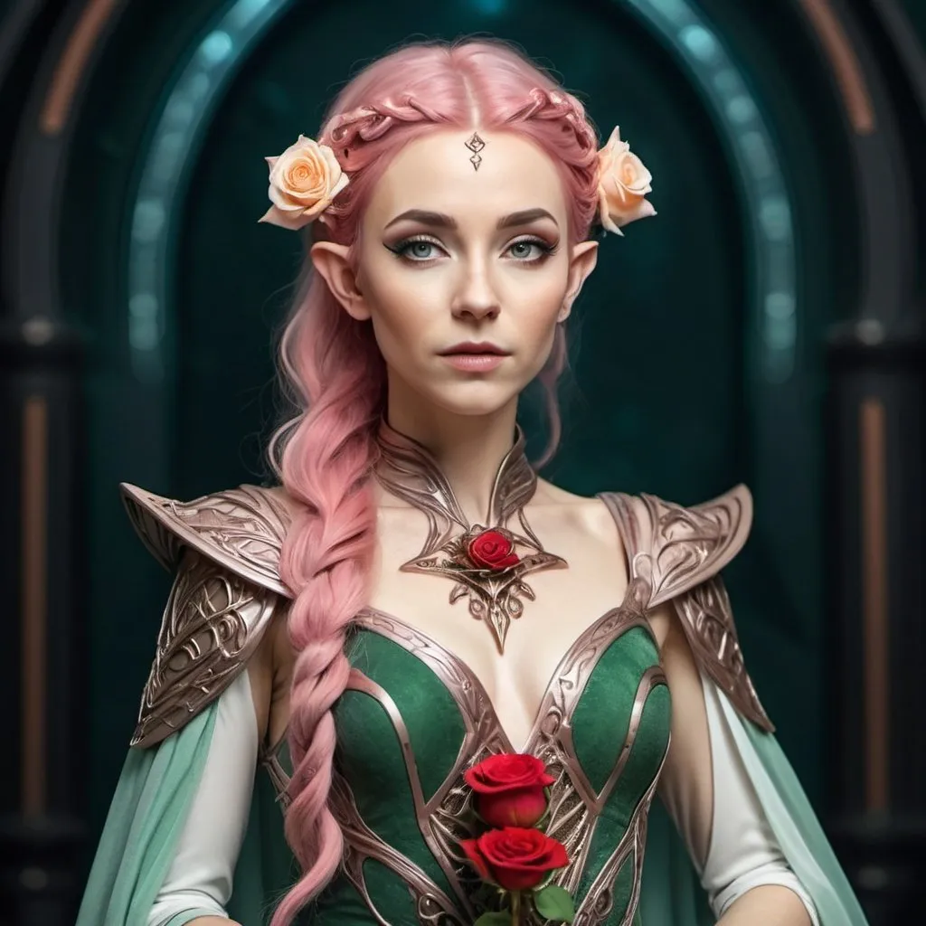 Prompt: Elven woman with rose hair in sci-fi regal dress