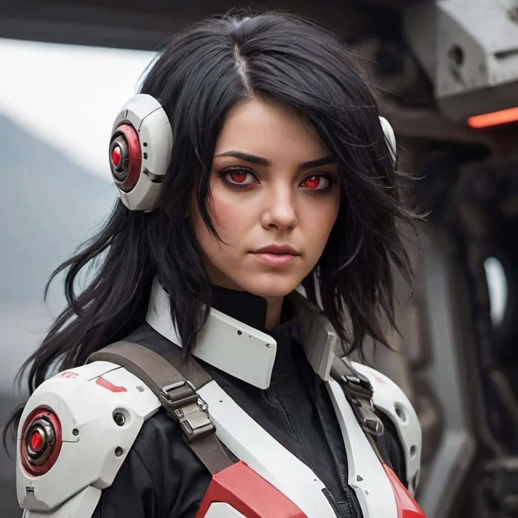 Prompt: Female mech pilot with black hair and red eyes 