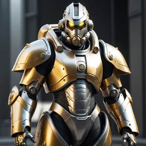 Prompt: Sci-fi male with power armor that has a gold and silver rim