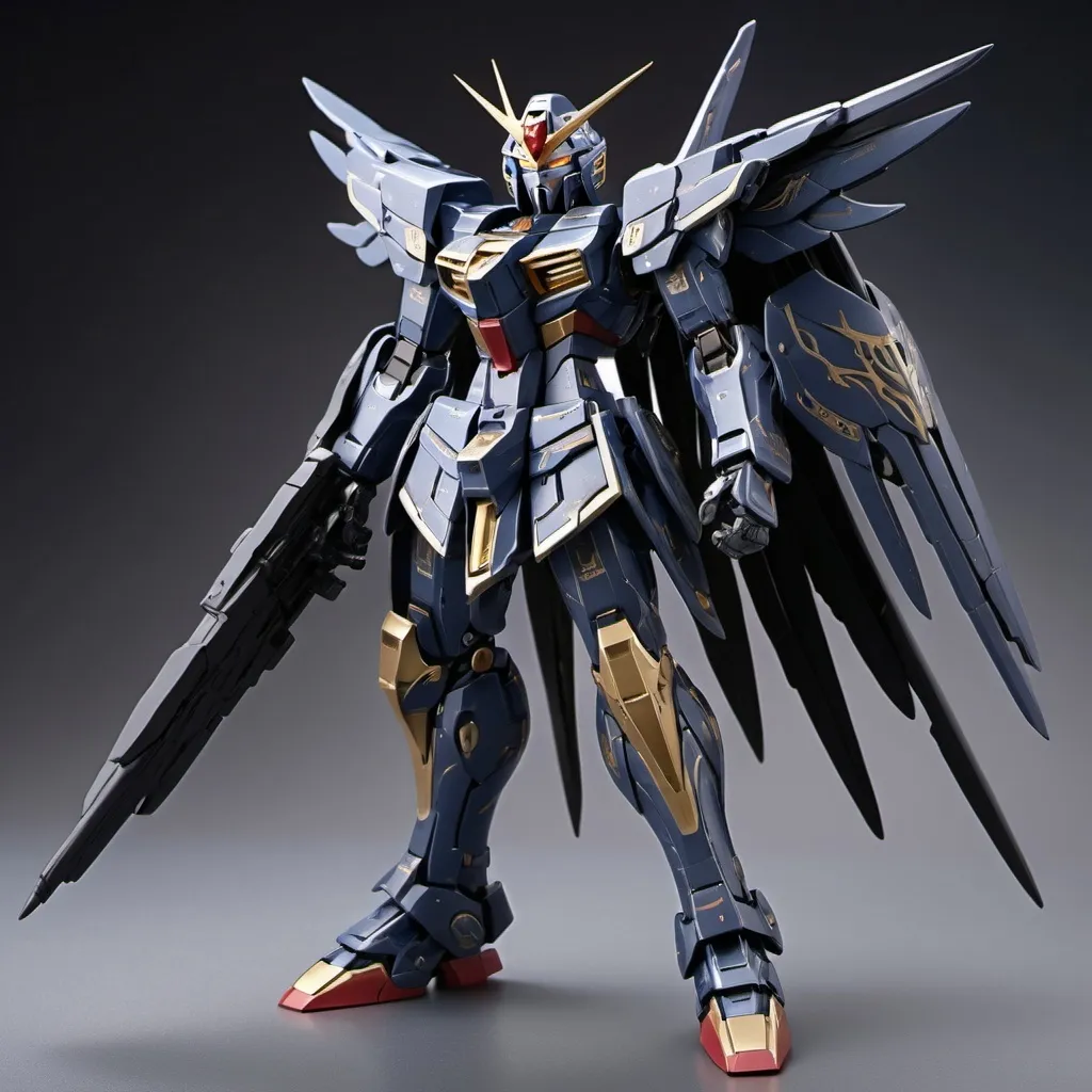 Prompt: Gundam vanguard with sleek armor and roman design with a hint of elven style in raven color 