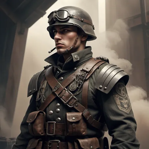 Prompt: Dieselpunk soldier with shoulder cape and has a raider design 