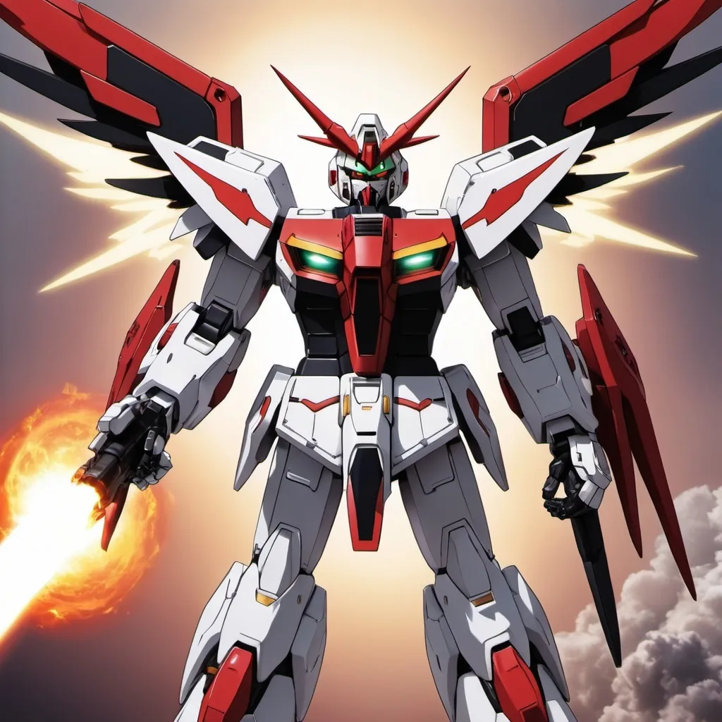 Prompt: Devil gundam mech with wings of red and black energy blazing like the sun