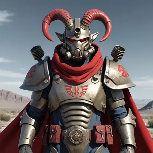 Prompt: Sci-fi soldier with horns wearing fallout power armor with roman design with a crimson hooded helmet and shoulder cape 