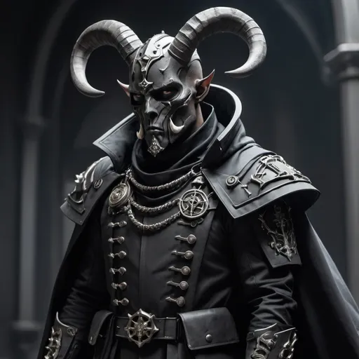 Prompt: Sci-fi soldier with horns and gothic design that has a shoulder cape and trench coat wearing an facemask 