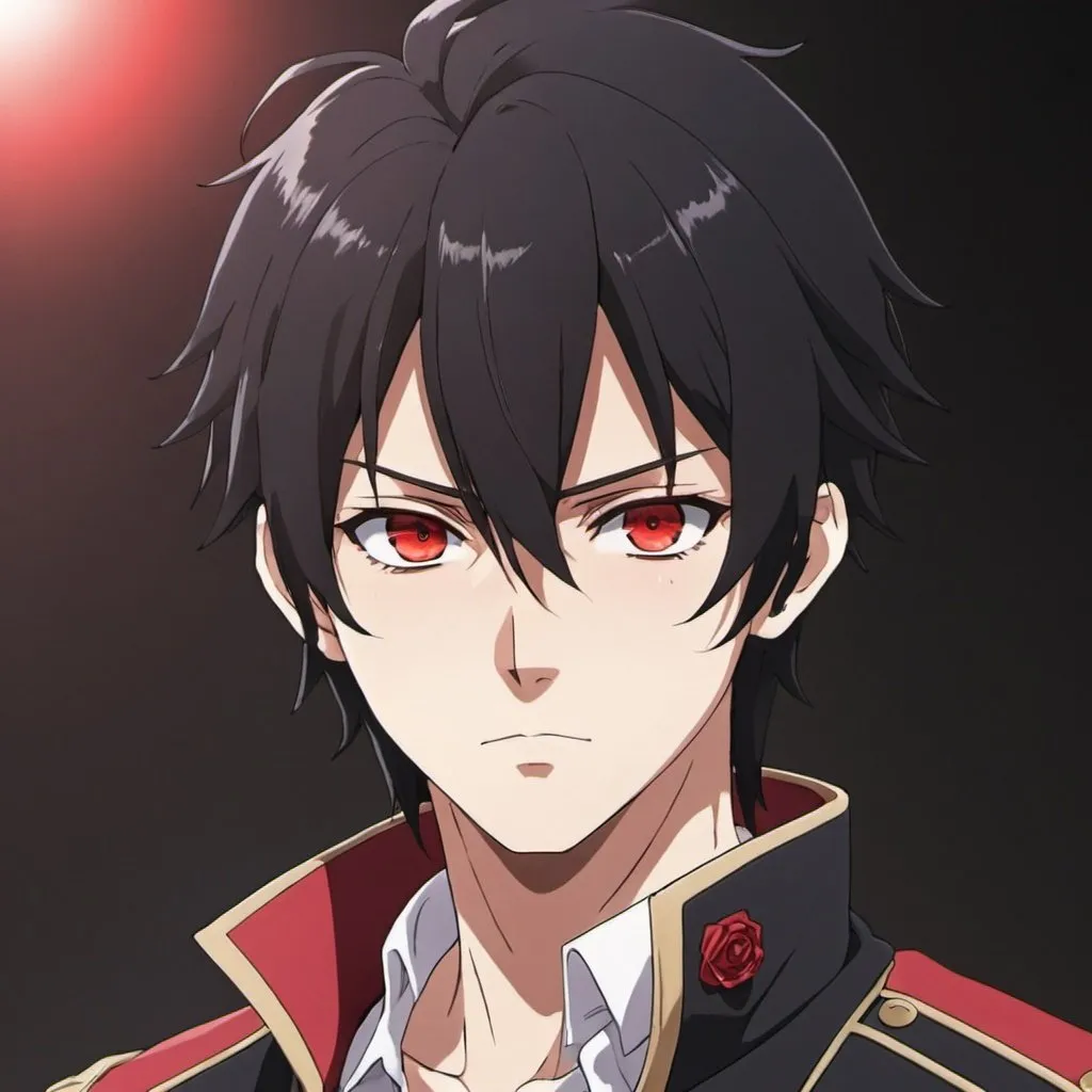 Prompt: Male Anime protagonist with black hair and scarlet eyes 