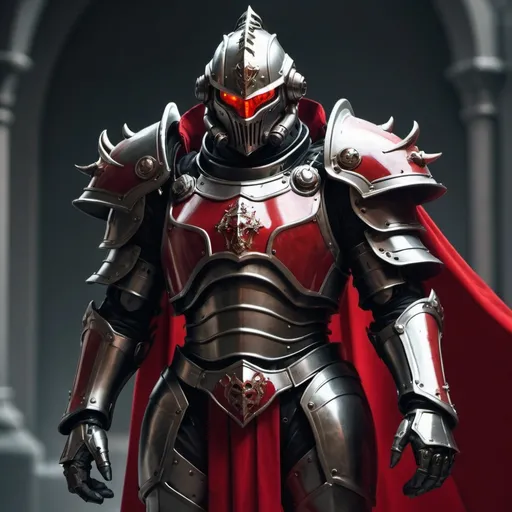 Prompt: Sci-fi male king with gothic power armor with a Scarlet shoulder cape and knight helmet 