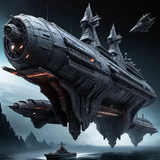 Prompt: Sci-fi battleship space ship with monolith design in Gothic detail 