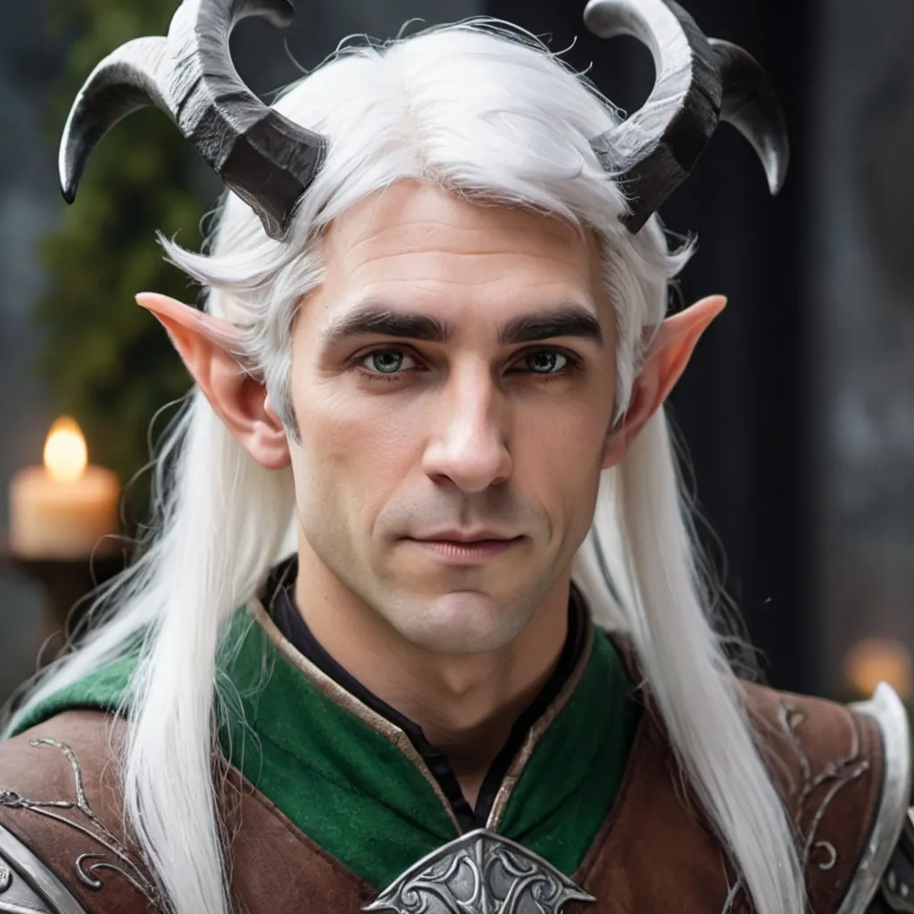 Prompt: Male elf with horns and white hair with a black highlights 