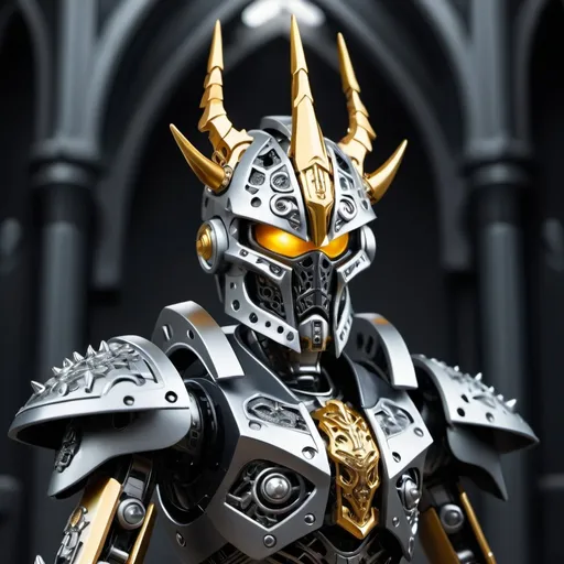 Prompt: Sci-fi Bionicle soldier with gothic design in gold and silver with a spiked crown 