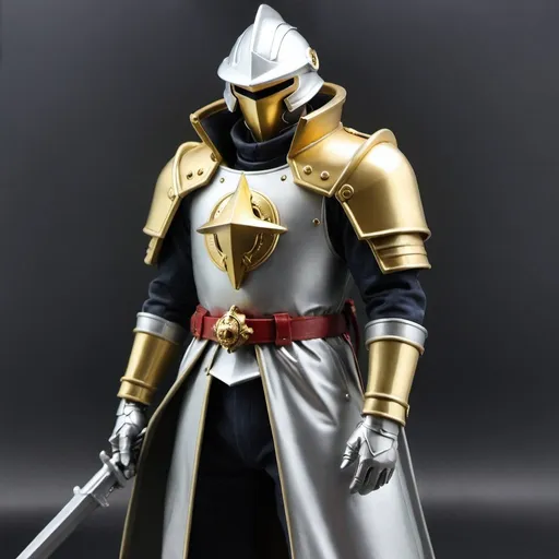 Prompt: Zeon soldier in trench coat with Knight helmet in silver and gold