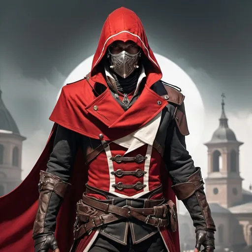 Prompt: Dieselpunk male assassin in assassin creed style with facemask with scarlet shoulder cape