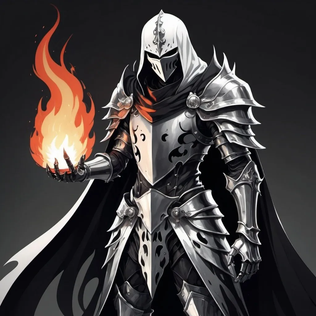 Prompt: Evil anime knight with black and white flame cape 