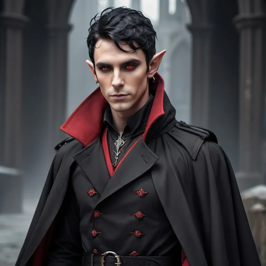 Prompt: Elf male with horns and black hair with red highlights, with a fine toned jawline and has a trench coat with a shoulder cape with gothic design that has fiery amber eyes 