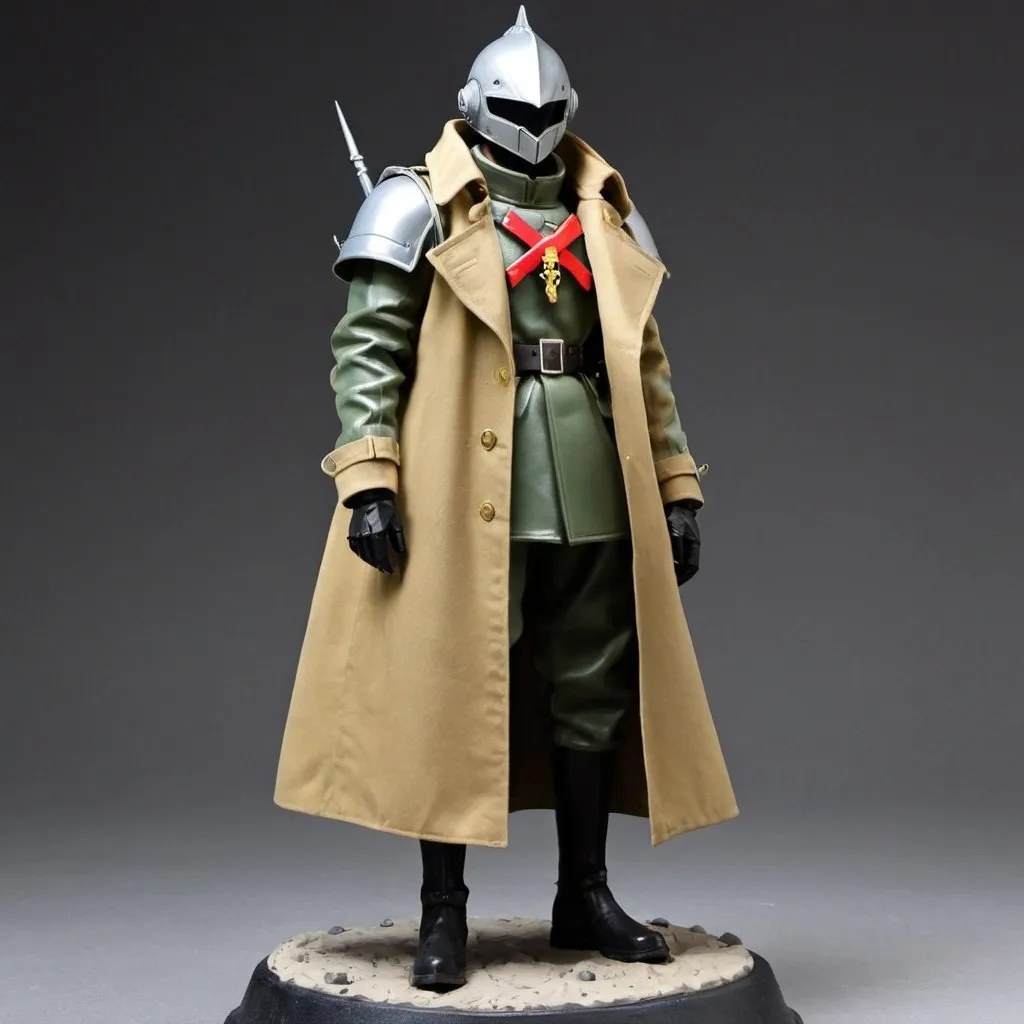 Prompt: Zeon soldier in trench coat with Knight helmet 