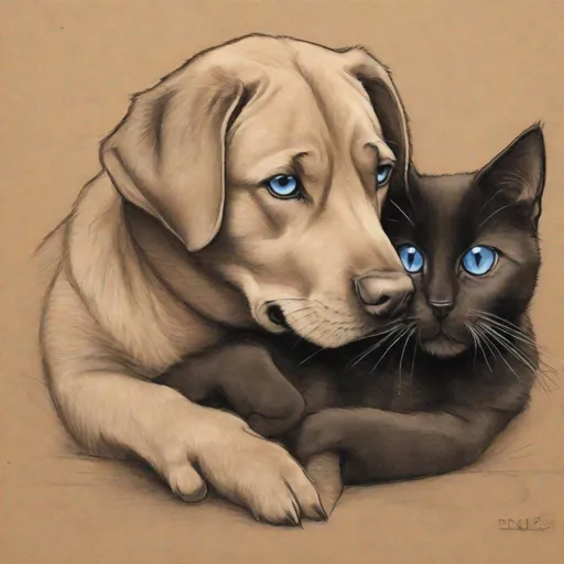 Prompt: A rough charcoal drawing , drawn on brown paperCartoon, cute, protective labrador, big blue eyes, protects the cat that is cusling him, black cat, big brown eyes, huging, 2D