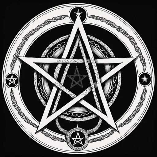 Prompt: Black ink drawing of a pentacle with an ouroboros, simple linework, dark and mystical atmosphere, high contrast, symbolic imagery, occult, gothic, professional quality, ink, simple design, mystical, mysterious, high contrast shading,