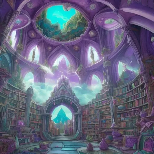 Prompt: huge airy purple and teal fantasy library with lots and lots of books and crafts. magical sky instead of ceiling. sketch of a portal to another world. Hopeful exploration and discovery

