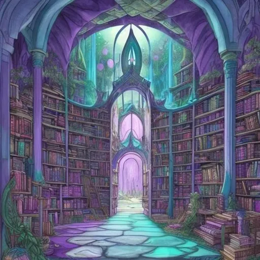 Prompt: huge airy purple and teal fantasy library with lots and lots of books and crafts. sketch of a portal to another world. Hopeful exploration and discovery

