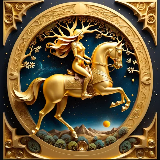 Prompt: Golden Statue with knight riding horse at speed past Cosmic Tree of Life, very fine detailed painting, inspired by Vladimir Kush, trend in polycount, ecological art, intricate gold filigree, very detailed symmetry, layered paper art, photorealistic