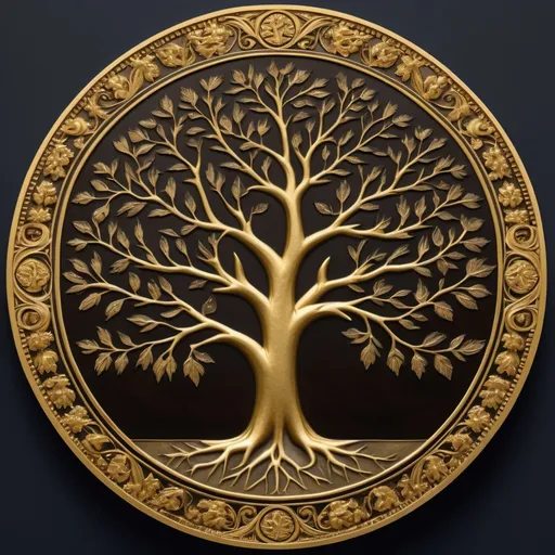 Prompt: The carving on the coin shows a tree with many branches and twigs, a few leaves in a symmetrical shape, very detailed and smooth, in gold, and displayed on the wall of a very luxurious palace full of ornaments.