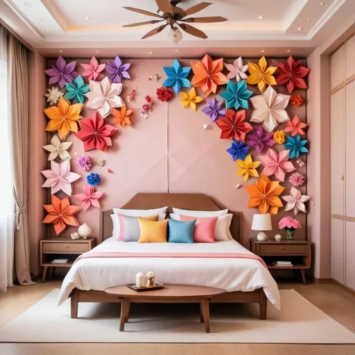 Prompt: origami paper in the form of Pohan and colorful flowers is very delicate and symmetrical details in a peaceful and luxurious room